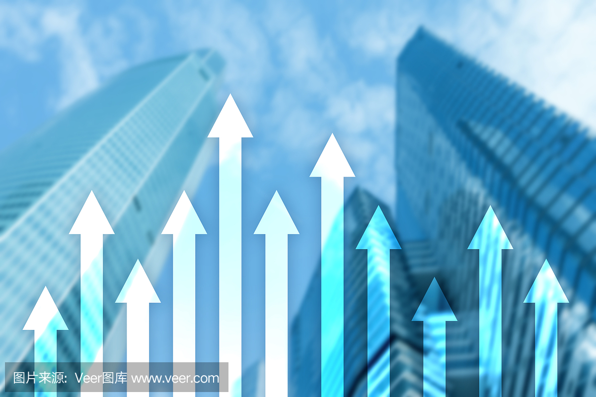 摩天大楼背景上的箭头图。投资和金融增长的概念。
